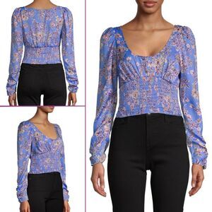 NWT Free People Santiago Floral Cropped Ruched Long Sleeve Blouse Bluebell Sz S